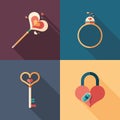 Set of loving relationships flat square icons with long shadows. Royalty Free Stock Photo