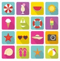 Set of colorful different flat summer vector icons. Contains such Icons as coctail, icecream, seastar, watermelon