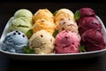 A set of colorful and different flavors of ice cream on a tray.