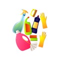 Set of colorful different plastic home cleaning equipment