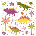 Set with colorful dinosaurs, palms and dinosaur eggs. Vector flat illustration collection Royalty Free Stock Photo