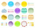 Set with colorful dishware on white background, top view. Serving baby food Royalty Free Stock Photo