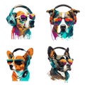 Set of colorful dogs wearing headphones listening to music. Vector illustration