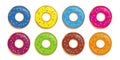 Set of colorful donuts with different glazes and sugar sprinkles