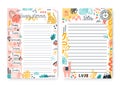 Set of colorful doodle weekly planner and notes template with place for text vector flat illustration. Cute plan, list