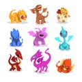 Set of colorful dragons in flat style. Cartoon characters of mythical monsters. Vector for mobile game, children book or