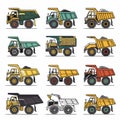 Set colorful dump trucks various designs. Industrial mining equipment loads illustrated. Heavy