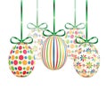 Set of colorful Easter eggs with green ribbons