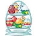 Set of colorful Easter eggs with patterns on a stylized shelf isolated on white background. Vector cartoon close-up