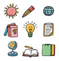 Set of colorful education icons including sun, pencil, globe, books, light bulb, clipboard, world map, open book Royalty Free Stock Photo