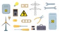 Set of colorful electricity tools in a cartoon style. Vector illustration of transformers, sockets, screwdrivers, electric poles, Royalty Free Stock Photo