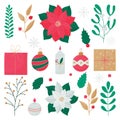 Set of colorful elements for Christmas and New Years. Poissentia, twigs, holly, berries, candles, gifts and Christmas