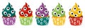 A set of colorful eyed cupcakes for Halloween on a white background. Happy Halloween, scary sweets. Cartoon collection Royalty Free Stock Photo
