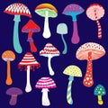Set of colorful fantasy mushrooms illustration