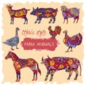 Set of colorful farm animals decorated in ethnic