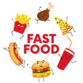 A set of colorful fast food in the form of characters. Hotdog, cheeseburger or hamburger, a glass of soda, French fries, ham, a sl
