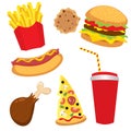 A set of colorful fast food. Hotdog, cheeseburger or hamburger, a glass of soda, French fries, ham, a slice of pizza and biscuits.