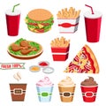 Set of colorful fast food icons. Flat cartoon style burger, ice cream, french fies, soda, chicken, pizza isolated on white Royalty Free Stock Photo