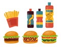 Set Of Colorful Fast Food Icons Isolated On The White Background. Three Types Of Burgers, Sauces And French Fries