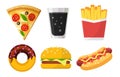 Set Of Colorful Fast Food Icons For Web Sites And Apps, Pizza, Soda, French Fries, Donut, Hamburger, Hot Dog Isolated On