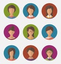 Set colorful female faces circle icons, trendy flat style