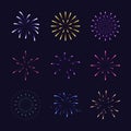 Set of colorful fireworks different style. Design element for new year festival and celebrations. Royalty Free Stock Photo