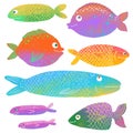 Set of colorful fishes. Hand drawn undersea world. Colorful artistic background.