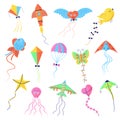 Set of colorful flying wind kites.
