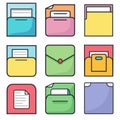 Set colorful folder icons vector illustration. Cartoon style file folders, documents storage