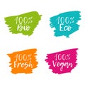 Set of colorful Food Badges. 100% Bio, Eco, Vegan, Fresh.