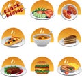 Set of colorful food and beverage icons. fast food, bakery, unhealthy junk food, Hamburger, steak, sausage, BBQ, Hot-dog, salad Royalty Free Stock Photo