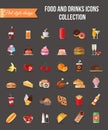 Set of colorful food and drinks icons. Flat style design isolated icons with long shadow. Royalty Free Stock Photo