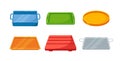 Set of Colorful Food Plastic, Metal and Wooden Trays, Blank Fast Food Plates with Handles. Empty Containers
