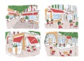 Set of colorful freehand drawings of sidewalk cafe or restaurant on city street. Colored sketches of tables and chairs