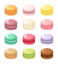 Set of colorful French macaroon cookies isolated on white. Vector illustration.