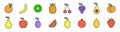 Set of colorful fruit vegan icons orange, banana, kiwi, pineapple, cherry grape, apple, lemon. Vector illustration