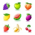 Set of colorful fruits - Glossy cherries, grapes, half-peeled banana, ripe strawberries, lemon, plum, watermelon, peach