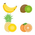 Set of colorful fruits icon: orange, banana, pineapple, Kiwi. Vector illustration isolated on white