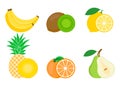 Set of colorful fruits icon: orange, pear, banana, lemon, pineapple, Kiwi. Vector illustration isolated on white Royalty Free Stock Photo