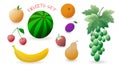 Set of colorful fruits: strawberry, cherry, pear, apple, mandarin, banana, watermelon, plum, grape. Vector illustration.