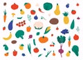 Set of colorful fruits and vegetables. Vector illustrations