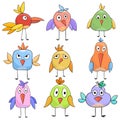 Set of colorful funny cartoon birds hand drawn for design Royalty Free Stock Photo