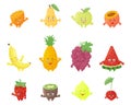 Set of colorful funny fruits. Cute character in cartoon style