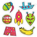 Set of colorful funny pin badges. Collection of bright vector ca