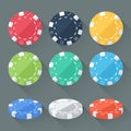 Set of colorful gambling chips, casino tokens . Flat style with long shadows. Modern trendy design.