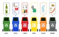 Set of colorful garbage cans with sorted garbage on white background.