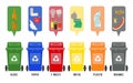 Set of colorful garbage cans with sorted garbage on white background.