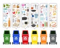 Set of colorful garbage cans with sorted garbage on white background