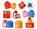 Set of colorful gift boxes with bows and ribbons.