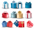 Set of colorful gift boxes with bows and ribbons.